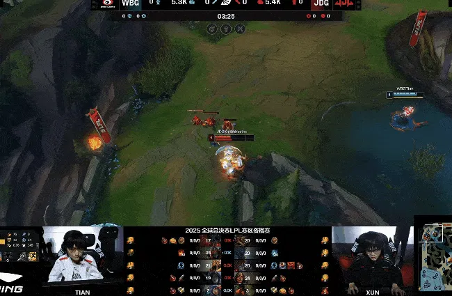 WBG上路抓死Xiaoxu拿下一血，随后JDG野区碰撞完成0换2